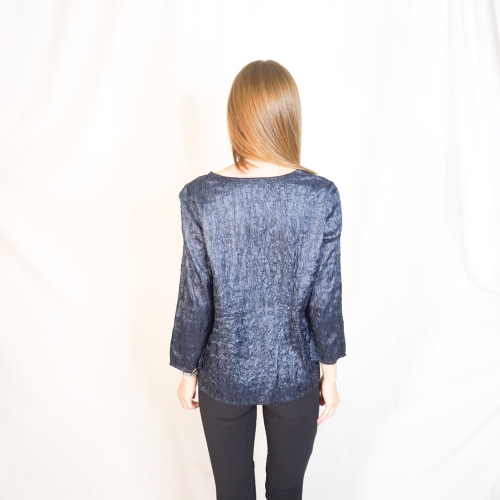EILEEN FISHER Blue Silk Crinkle Button Shirt - Picture 4 of 8